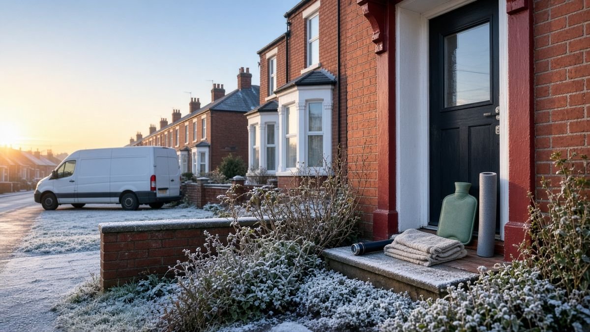 A frosty morning outside a red-brick terraced house, with a torch, towel, hot water bottle and pipe lagging ready on the doorstep