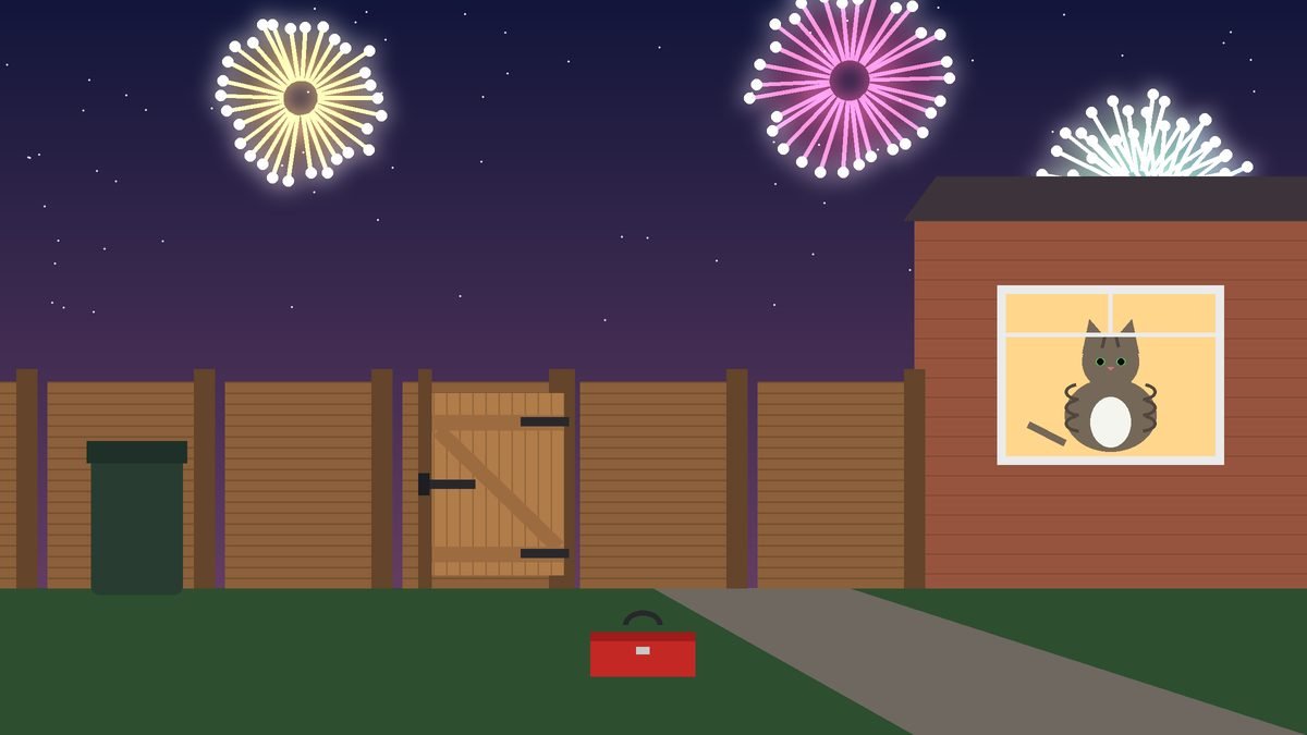 A wooden garden gate and fence at dusk with fireworks in the sky and a tabby cat watching from a window