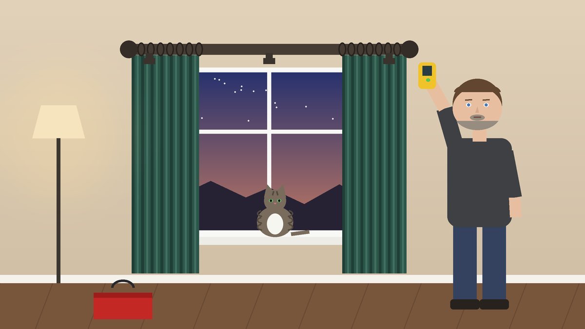 A living room window with heavy curtains on a thick pole with a centre bracket, and a handyman checking the wall with a detector