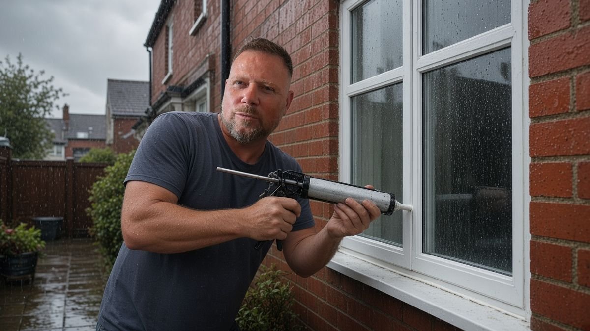 Rain running down a red-brick wall beside a white window with gaps in the sealant, and a caulking gun resting on the sill